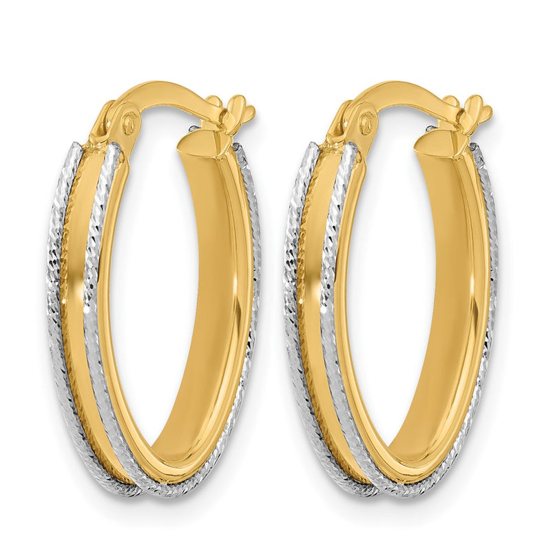 14K Two Tone Polished And Diamond Cut Oval Hoop Earrings