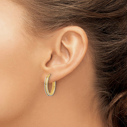 14K Two Tone Polished And Diamond Cut Oval Hoop Earrings