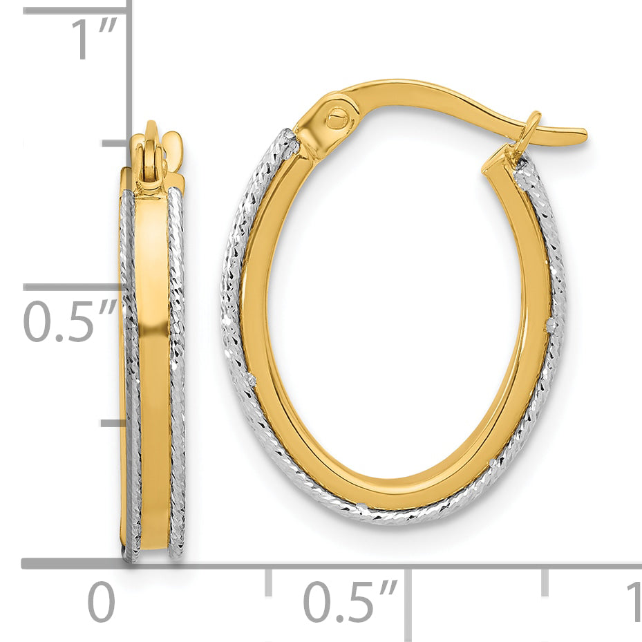 14K Two Tone Polished And Diamond Cut Oval Hoop Earrings
