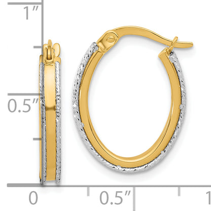 14K Two Tone Polished And Diamond Cut Oval Hoop Earrings