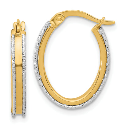 14K Two Tone Polished And Diamond Cut Oval Hoop Earrings