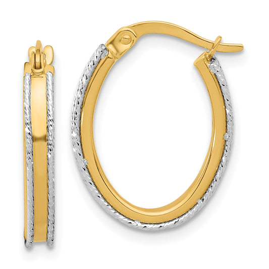 14K Two Tone Polished And Diamond Cut Oval Hoop Earrings