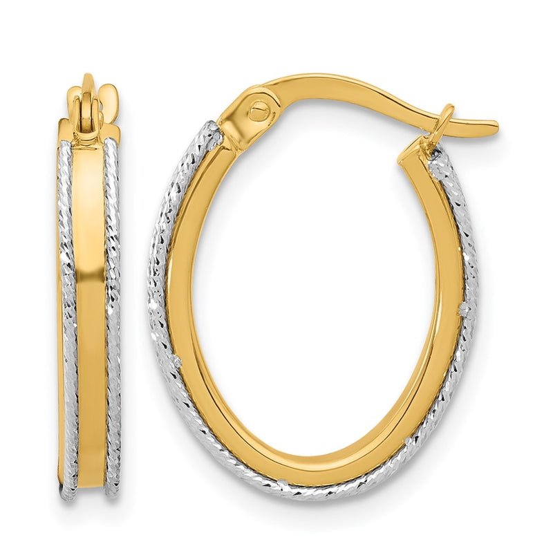 14K Two Tone Polished And Diamond Cut Oval Hoop Earrings