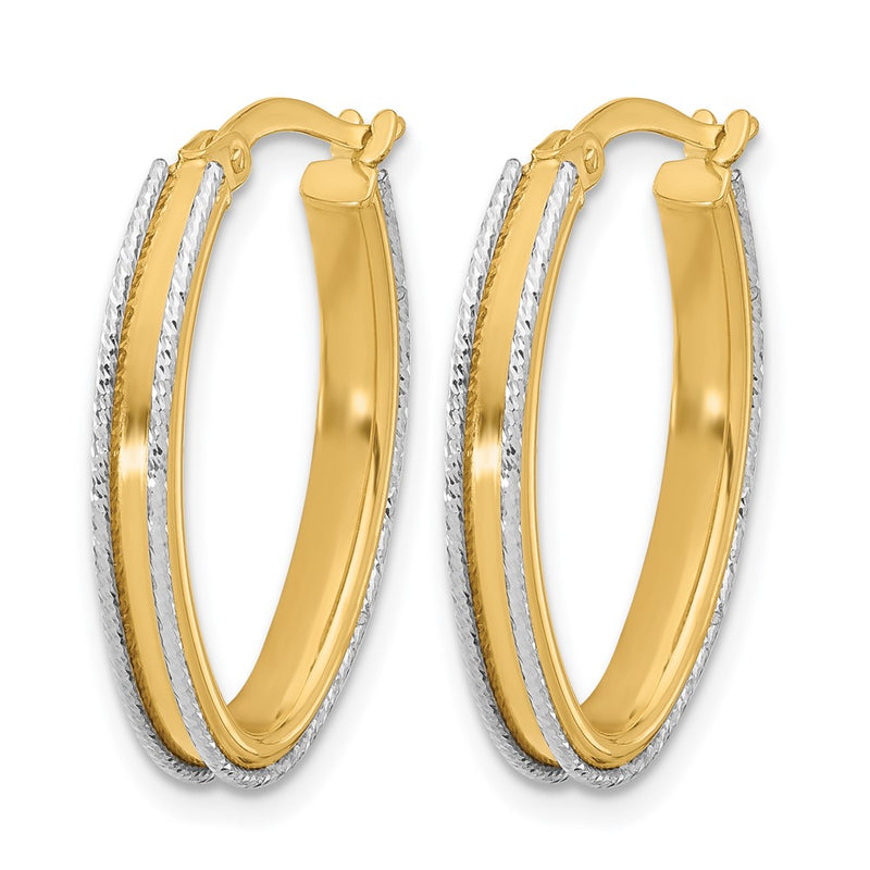 14K Two Tone Polished And Diamond Cut Oval Hoop Earrings