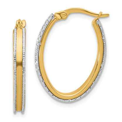 14K Two Tone Polished And Diamond Cut Oval Hoop Earrings