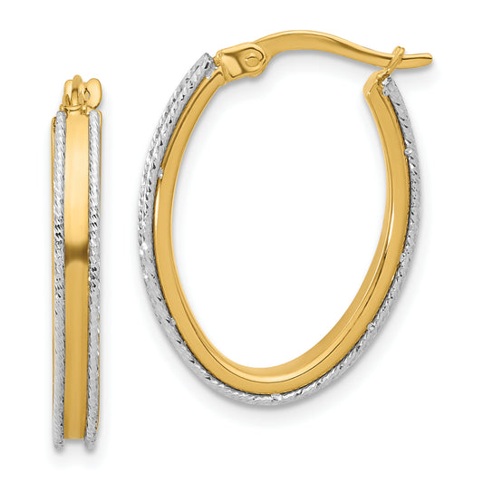 14K Two Tone Polished And Diamond Cut Oval Hoop Earrings