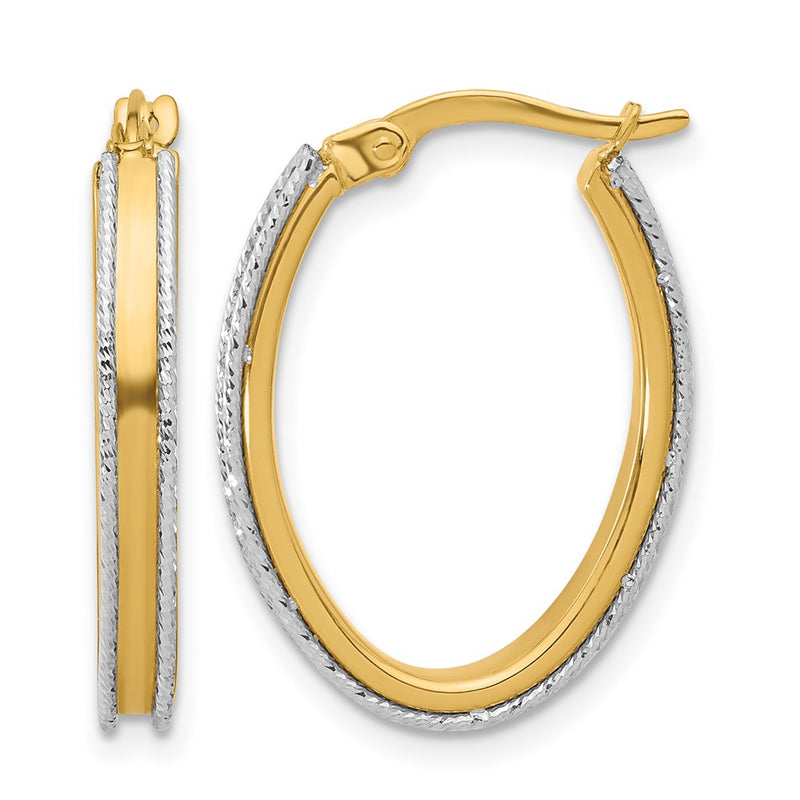 14K Two Tone Polished And Diamond Cut Oval Hoop Earrings