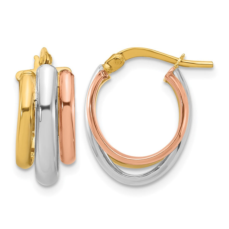 14K Yellow & Rhodium With White And Rose Gold Plating Polished 3 Row Oval Hoop Earrings