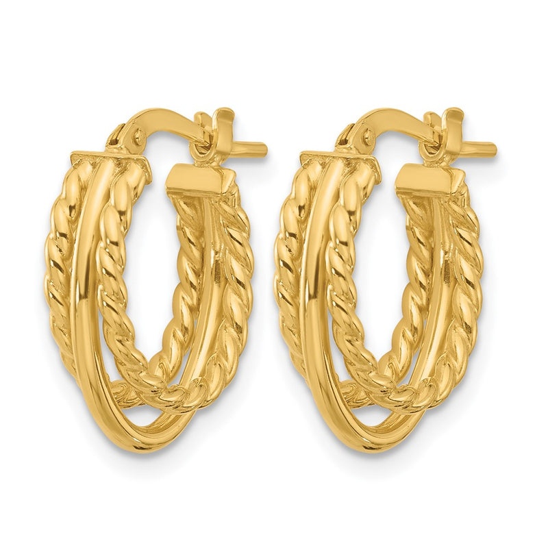 14K Yellow Gold Polished And Textured 3 Row J Hoop Post Earrings