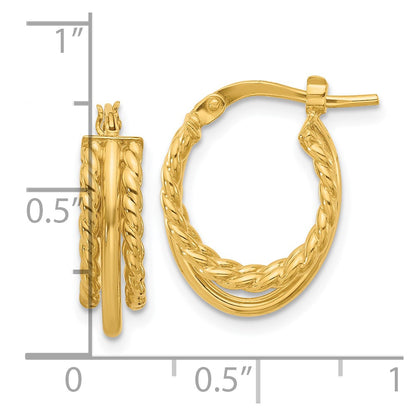 14K Yellow Gold Polished And Textured 3 Row J Hoop Post Earrings