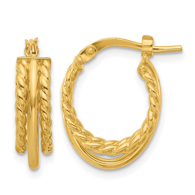 14K Yellow Gold Polished And Textured 3 Row J Hoop Post Earrings