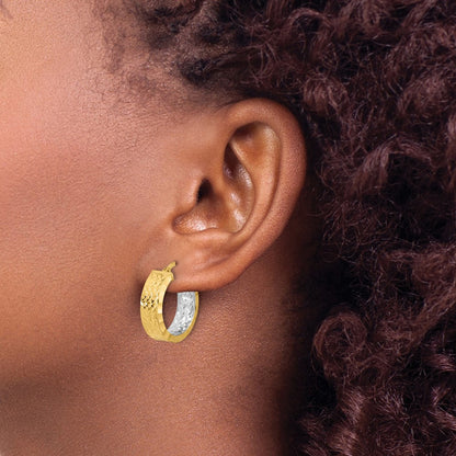 14K Yellow & Rhodium Polished And D/C Hoop In/Out Earrings