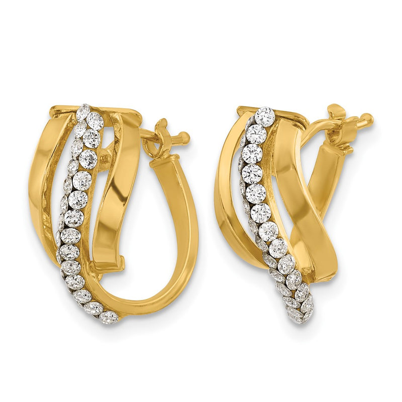 14K Yellow Gold Polished With Crystals Fancy Wave Hoop Earrings