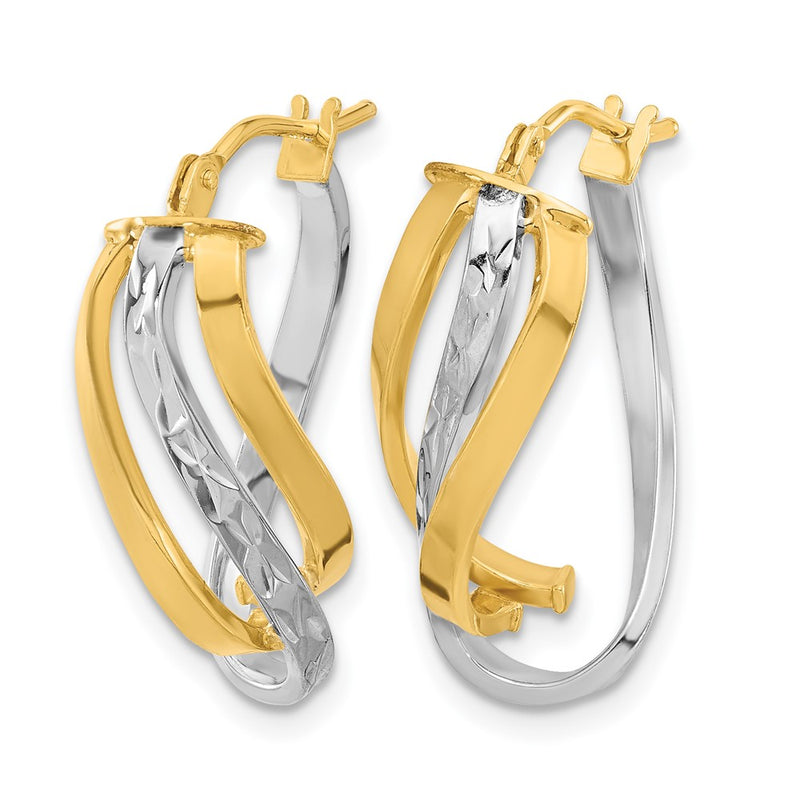 14K Yellow & Rhodium White Polished And D/C Fancy Hoop Earrings