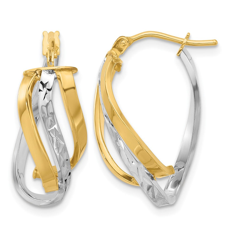 14K Yellow & Rhodium White Polished And D/C Fancy Hoop Earrings