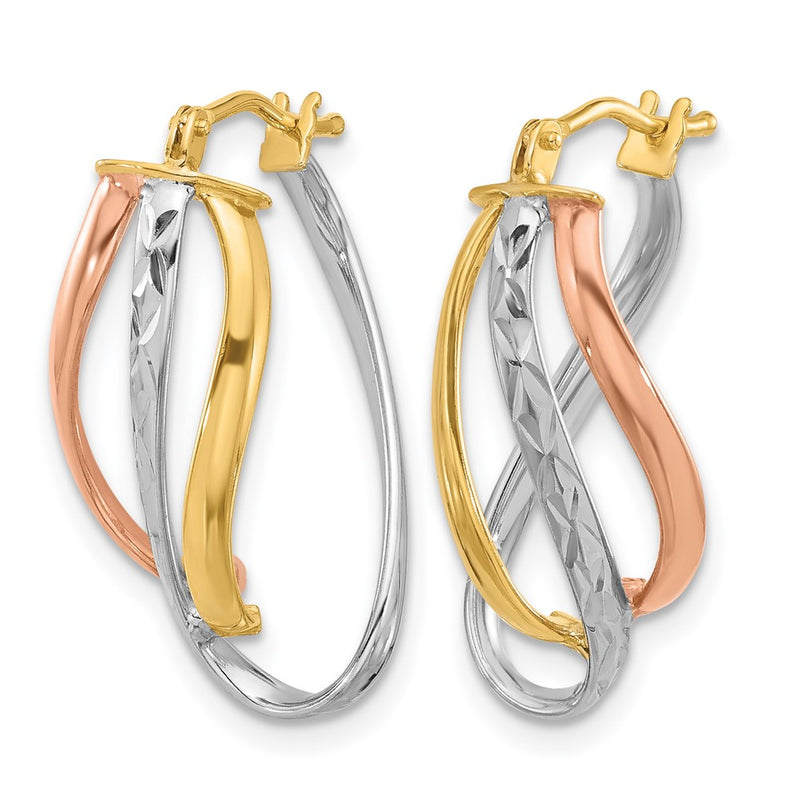 14K Yellow & Rhodium With White And Rose Gold Plating Polished Diamond Cut Fancy Hoop Earrings