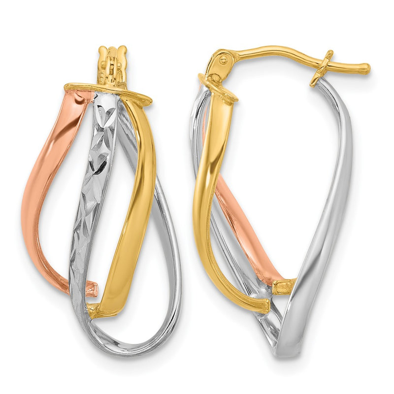14K Yellow & Rhodium With White And Rose Gold Plating Polished Diamond Cut Fancy Hoop Earrings