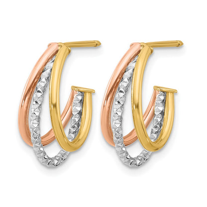 14K Yellow & Rhodium With White And Rose Gold Plating Textured 3 Row Post J Hoop Earrings