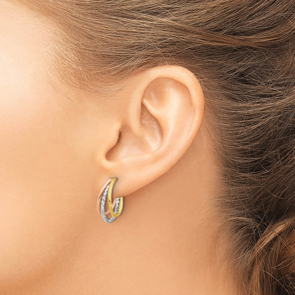 14K Yellow & Rhodium With White And Rose Gold Plating Textured 3 Row Post J Hoop Earrings