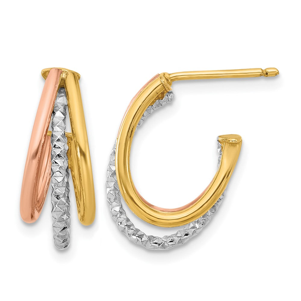 14K Yellow & Rhodium With White And Rose Gold Plating Textured 3 Row Post J Hoop Earrings