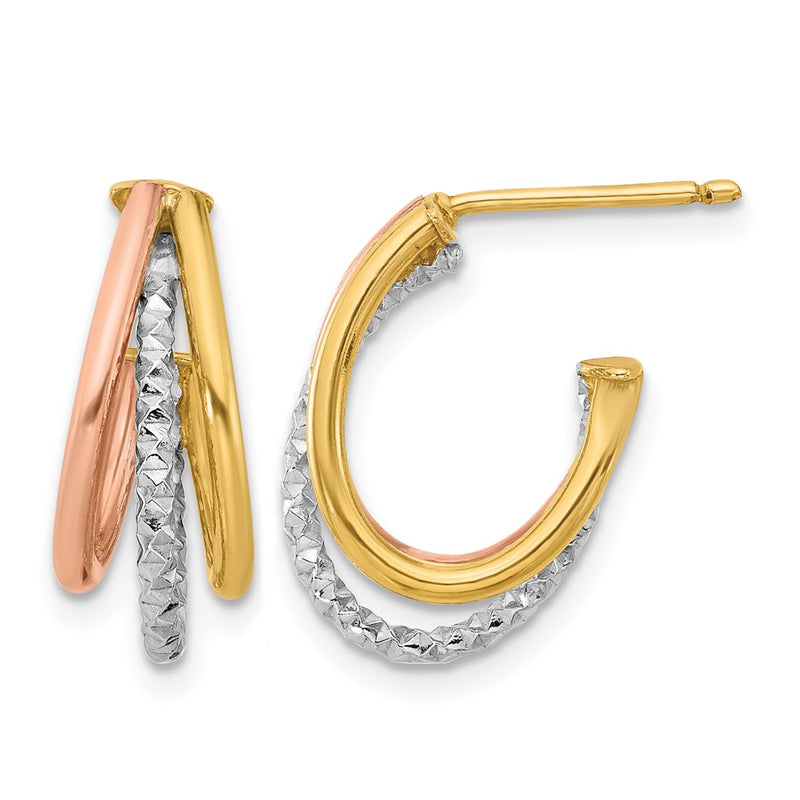 14K Yellow & Rhodium With White And Rose Gold Plating Textured 3 Row Post J Hoop Earrings