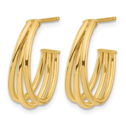 14K Yellow Gold Polished 3 Row J Hoop Post Earrings