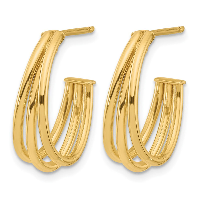 14K Yellow Gold Polished 3 Row J Hoop Post Earrings