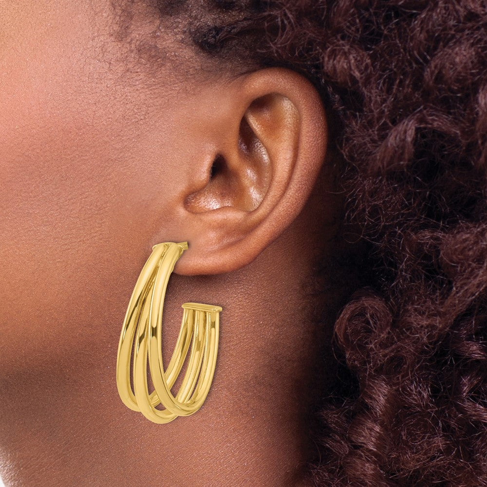 14K Yellow Gold Polished 3 Row J Hoop Post Earrings