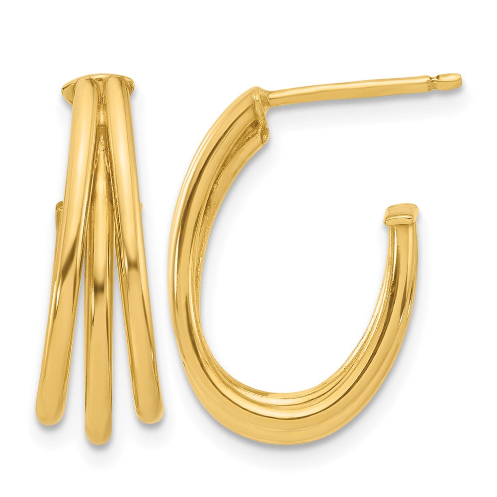 14K Yellow Gold Polished 3 Row J Hoop Post Earrings