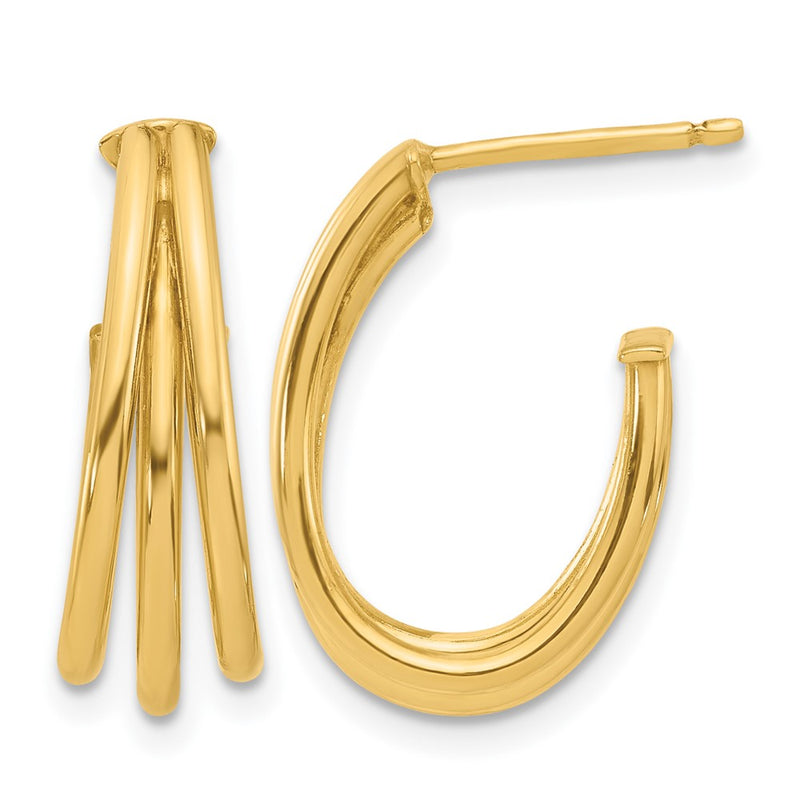 14K Yellow Gold Polished 3 Row J Hoop Post Earrings