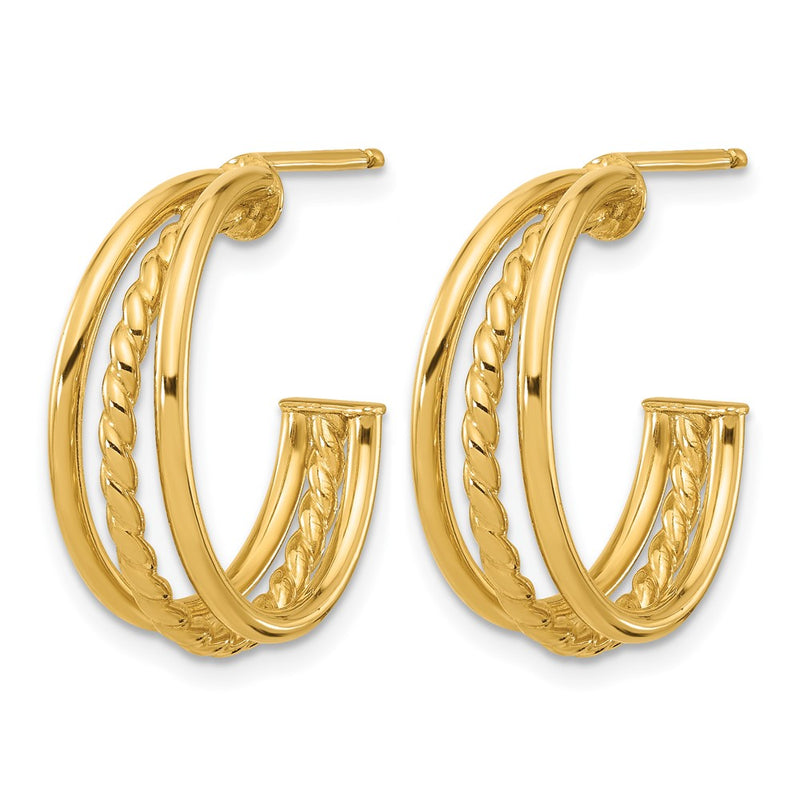 14K Yellow Gold Polished And Textured 3 Row Round J Hoop Post Earrings