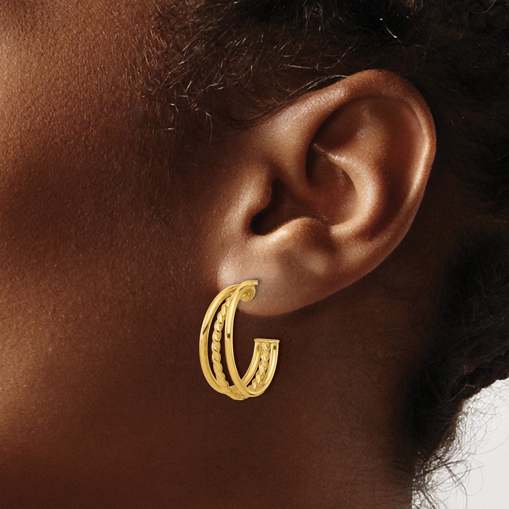 14K Yellow Gold Polished And Textured 3 Row Round J Hoop Post Earrings
