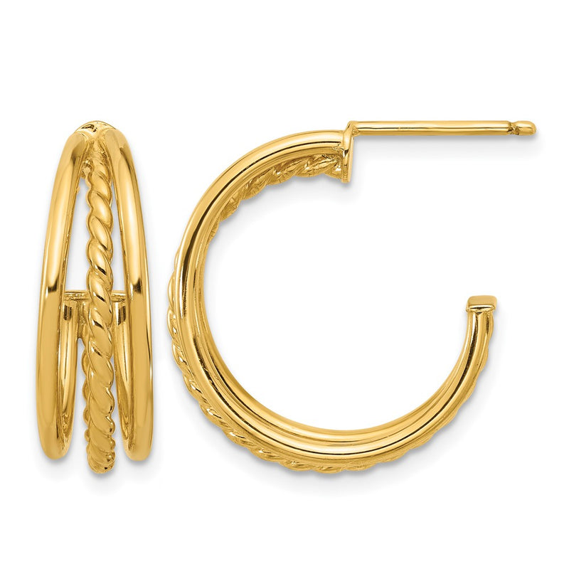 14K Yellow Gold Polished And Textured 3 Row Round J Hoop Post Earrings