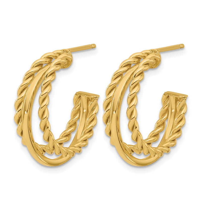 14K Yellow Gold Polished And Textured 3 Row Round J Hoop Post Earrings