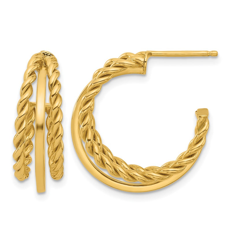 14K Yellow Gold Polished And Textured 3 Row Round J Hoop Post Earrings