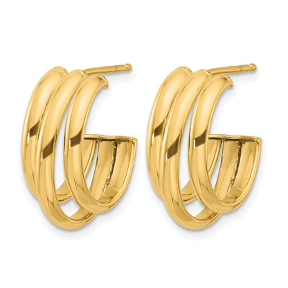 14K Yellow Gold Polished 3 Row J Hoop Post Earrings