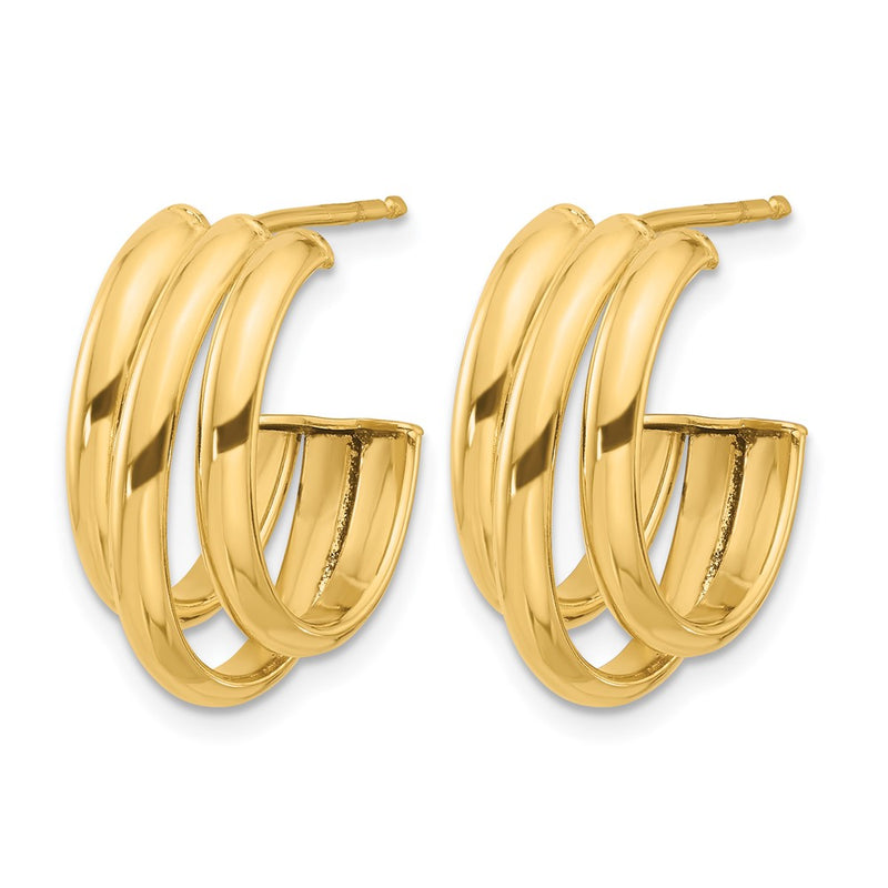 14K Yellow Gold Polished 3 Row J Hoop Post Earrings