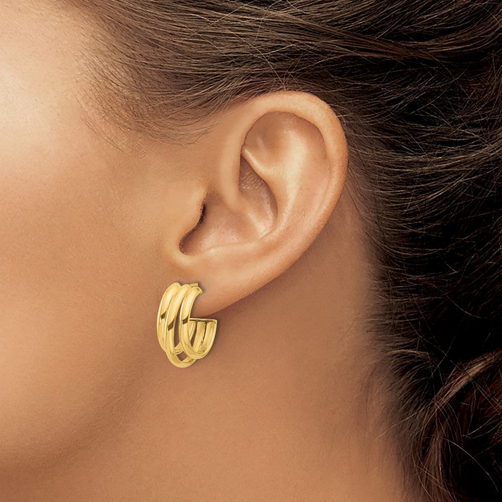 14K Yellow Gold Polished 3 Row J Hoop Post Earrings