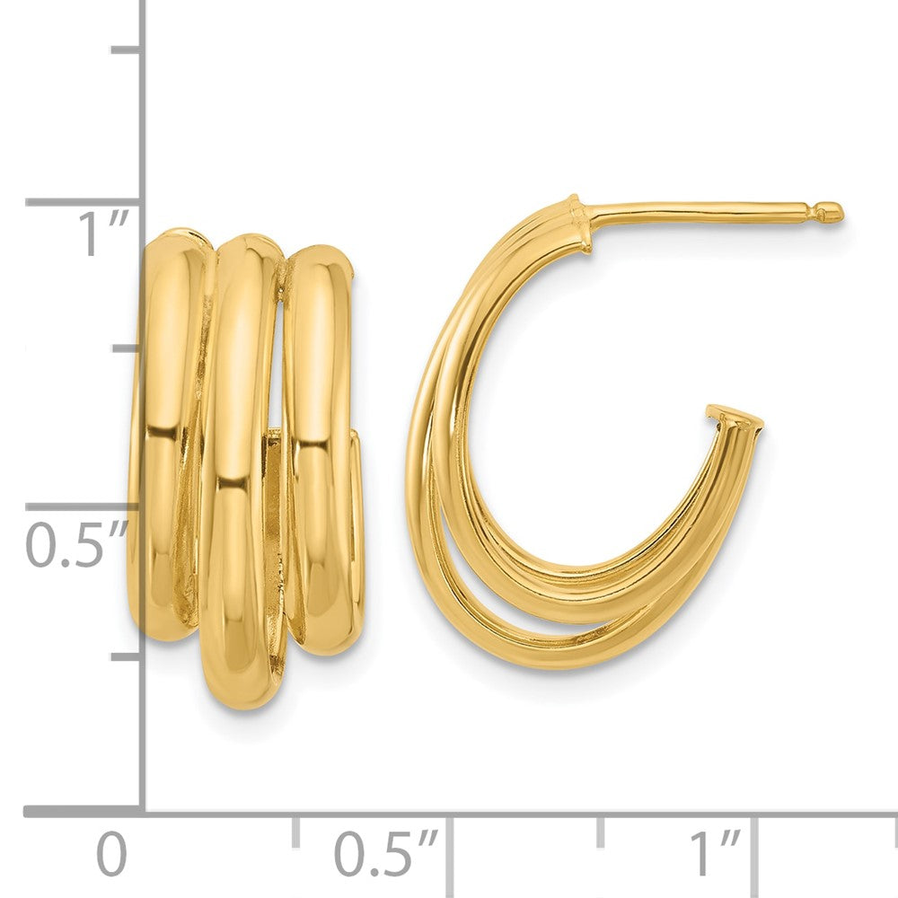 14K Yellow Gold Polished 3 Row J Hoop Post Earrings