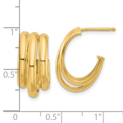 14K Yellow Gold Polished 3 Row J Hoop Post Earrings