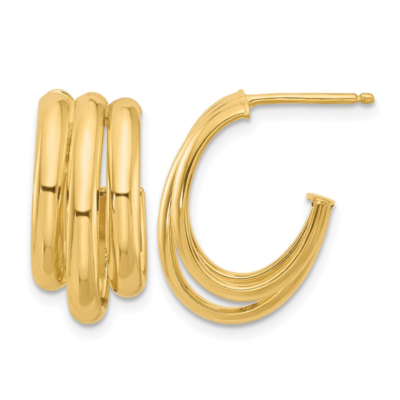 14K Yellow Gold Polished 3 Row J Hoop Post Earrings