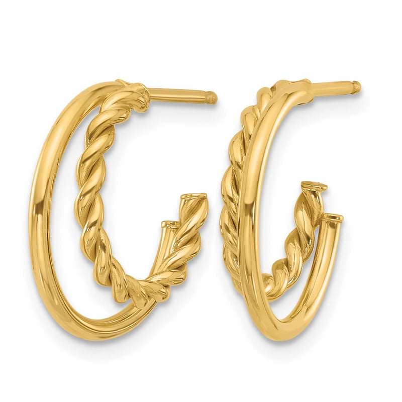 14K Yellow Gold Polished And Textured 2 Row J Hoop Post Earrings