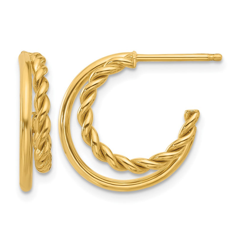 14K Yellow Gold Polished And Textured 2 Row J Hoop Post Earrings