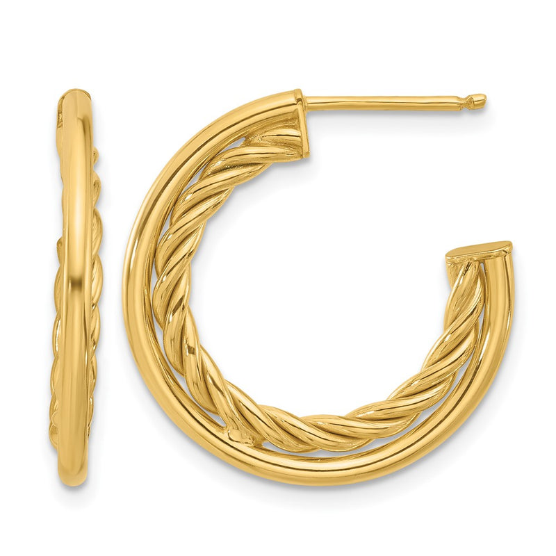 14K Yellow Gold Polished And Textured J Hoop Post Earrings