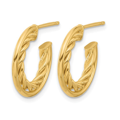 14K Yellow Gold Polished And Textured J Hoop Post Earrings