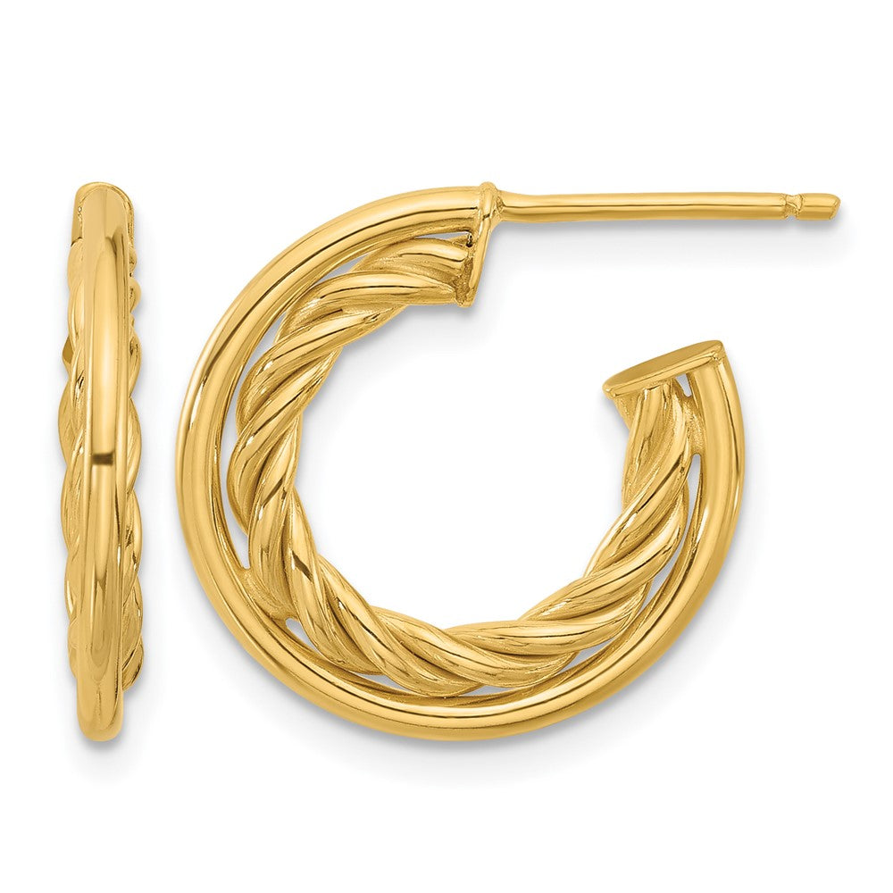 14K Yellow Gold Polished And Textured J Hoop Post Earrings