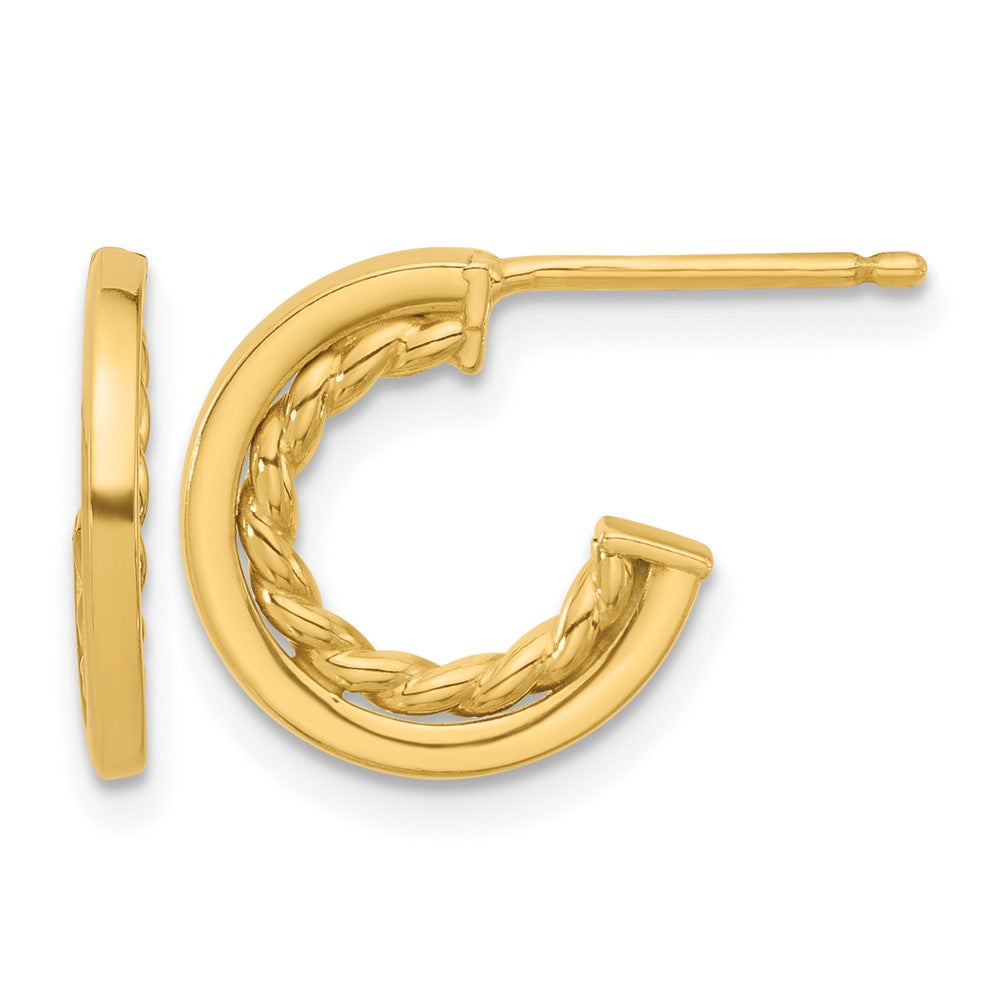 14K Yellow Gold Polished And Textured J Hoop Post Earrings