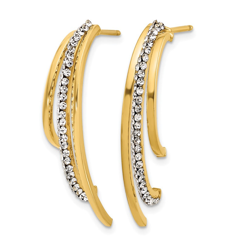 14K Yellow Gold Polished With Crystals 3 Row Drop Post Earrings