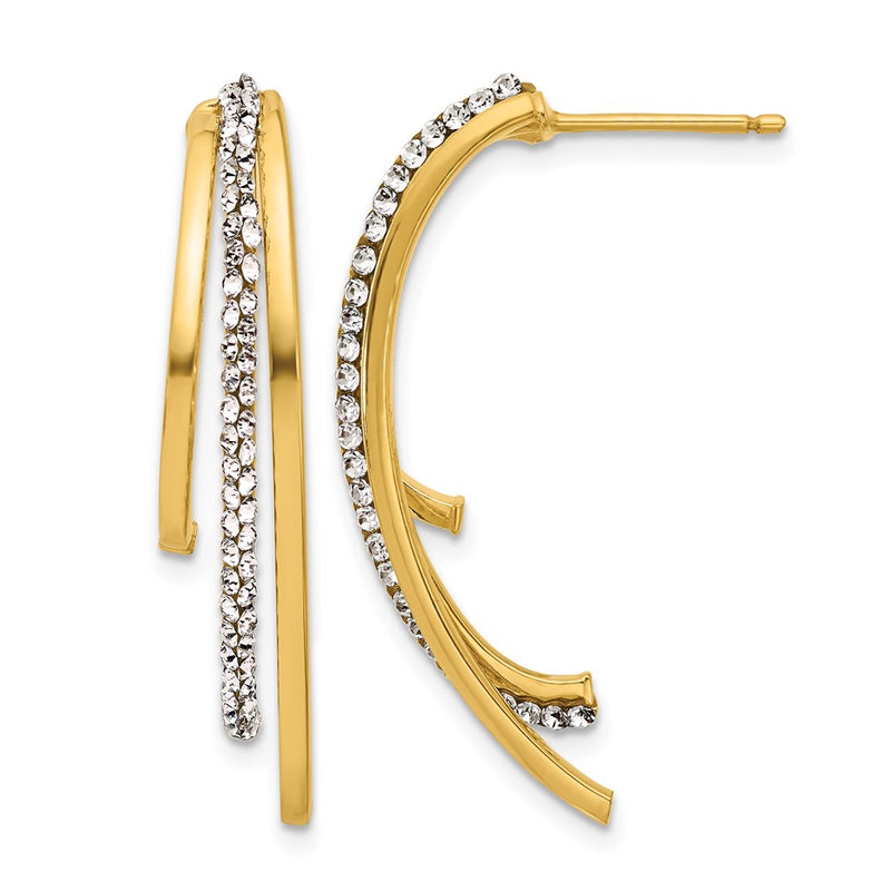 14K Yellow Gold Polished With Crystals 3 Row Drop Post Earrings