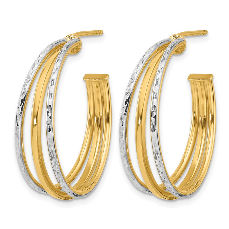 14K Yellow & Rhodium White And D/C 3 Row Round J Hoop Post Earrings